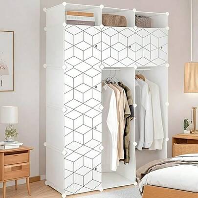 Modular Wardrobe With 2 Hanging Rods & Interchangeable Cubes, White Storage Unit