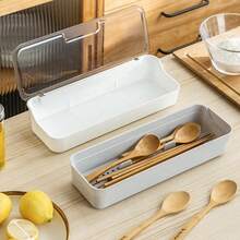 TFKI Plastic Kitchen Drawer Organizer With Lid And Drainer Stackable Utensil Holder For Countertop Silverware Tray Flatware Organizers - 13x4.7x2.4 Inch Spatula Cutlery Storage Box - trong suốt - Xem 2