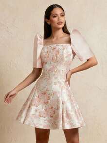 Amyenjoylife Modern Filipino Traditional Dress, Elegant Butterfly Sleeve Filipino Traditional Dress, Women's Romantic Jacquard Puff Sleeve Short Sleeve Dress, Pink Dress - Pink - View 5