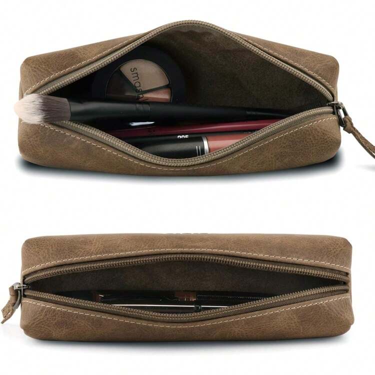 Genuine Leather Zipper Pen Pencil Cosmetic Case - 貂 - 查看 2
