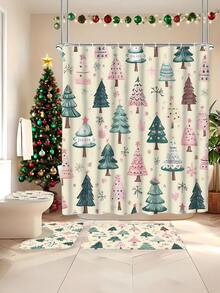 1/4 Piezas Juego de cortina de baño minimalista de árbol de Navidad y copos de nieve de invierno en color verde, de poliéster impermeable y lavable a máquina, adecuado para decorar el baño o la ducha en Navidad, incluye 12 ganchos, alfombra antideslizante y tapa de inodoro con forma de U