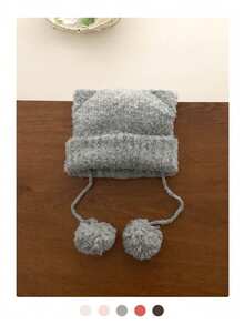 可爱毛球猫耳针织帽，带毛球抽绳，帽檐可折叠，保暖舒适。 - 貓耳朵毛球 - 查看 5