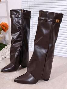 Giày bốt cao gót mũi nhọn thời trang nữ, thiết kế thu đông mới có khóa, khóa kéo bên hông có thể gập lại, bốt cao gót màu nâu, phong cách đường phố thời trang, đa năng cho trang phục hàng ngày và những dịp trang trọng - màu nâu - Xem 6