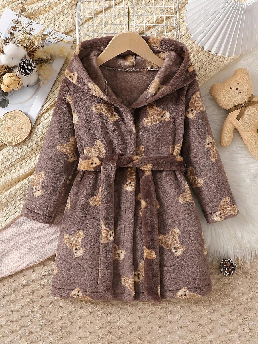 Girls Cartoon Bear Pattern Hooded Warm Fleece Long Casual Comfortable Sleepwear Robe, Winter - Brown - View 1