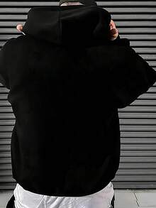 Envío dentro del país | Sudadera con Capucha negra, Diseño Relajado con Estampado, Bolsillos Espaciosos, Perfecta para Otoño e Invierno, Casual y Abrigada​ - Negro - Ver 2