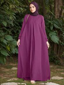 Elegant Long Sleeve Round Neck Kaftan Dress With Pockets, Women's Casual Simple Style, Made Of Comfortable Non-Stretch Woven Fabric