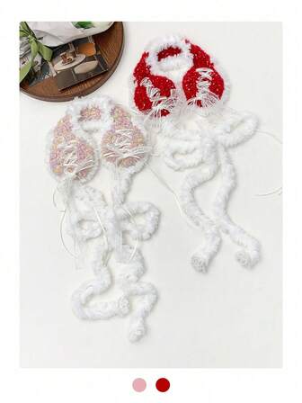 1件Y2K风格蕾丝蝴蝶结流苏针织渐变色耳罩，手工舒适蓬松耳套，适合冬季，学生女性冬季服装