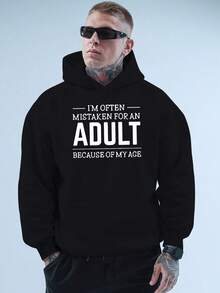sweat-shirt à capuche pour hommes avec motif jaune - Imprimé "Je suis souvent confondu avec un adulte car j'ai l'air jeune", Sweat-shirt-shirt casual à manches longues avec poche, pour l'automne et l'hiver, vêtements d'automne et d'hiver | sweat-shirt à capuche imprimé drôle | Sweat-shirt-shirt confortable - Noir - Voir 1