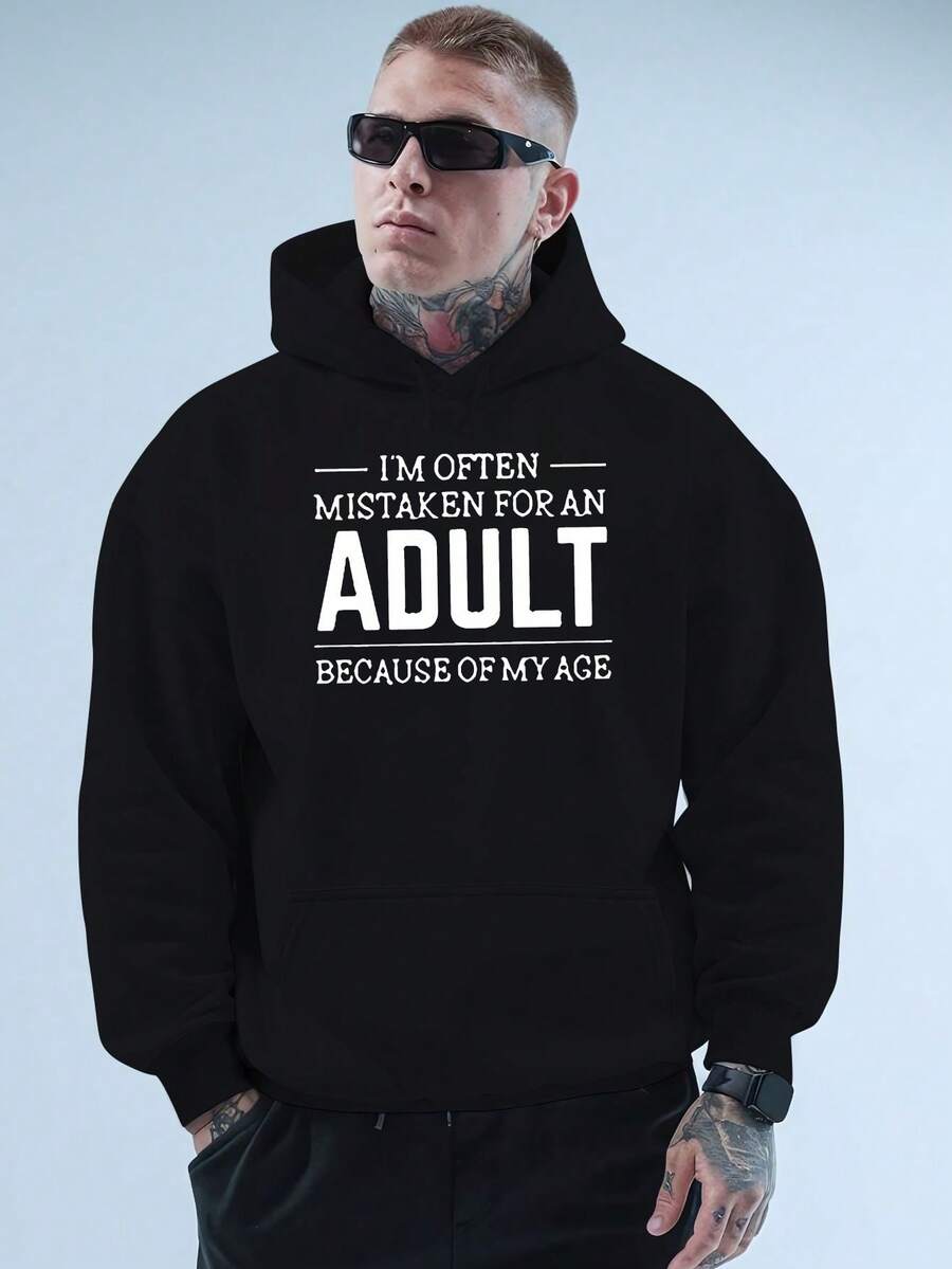 sweat-shirt à capuche pour hommes avec motif jaune - Imprimé "Je suis souvent confondu avec un adulte car j'ai l'air jeune", Sweat-shirt-shirt casual à manches longues avec poche, pour l'automne et l'hiver, vêtements d'automne et d'hiver | sweat-shirt à capuche imprimé drôle | Sweat-shirt-shirt confortable - Noir - Voir 1