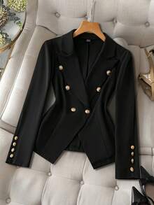 Fashionable Commuter Solid Color Double-Breasted Suit Jacket - 黑色 - 查看 7