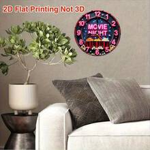 1pc 9. 8-Inch Silent Non-Luminous Wall Clock - Movie Night Theme With Neon Text & Popcorn Design, Artificial Wood Quartz Battery Operated (AA Not Included) For Living Room, Bedroom, Home Theater Decor, Bedroom Timepiece, Small Wall Clock For Living Room, 2D Flat - Wooden Wall Clock - View 5