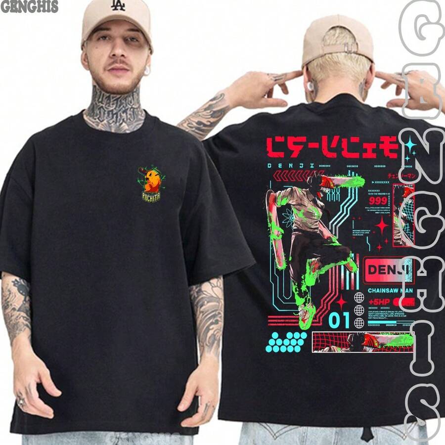 Camisa Chainsa Manh Denjih Demonio Da Motoserra Pochitah Camiseta Basica e Oversized Unissex - Preto Oversized - Visão 1