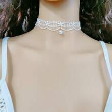 1pc Lace & Pearl Choker Necklace, Gentle Elegant Collar Necklace Chain Suitable For Daily Wear, Vacation, Wedding