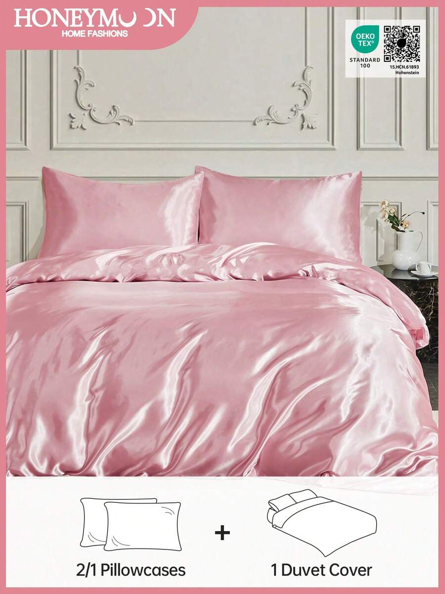 2/3pcs Luxury Pink Satin Bedding Set, Soft & Breathable, Wrinkle-Resistant, Promotes Better Sleep, Hotel Style, Gift For Parents & Friends, Includes 1 Duvet Cover + 2 Pillowcases, Oeko-Tex Certified