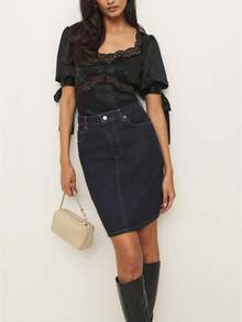 Womens Summer Satin Tops Lace Patchwork Short Puff Sleeves V-Neck Blouse With Adjustable Ribbon Ties - Black - View 1