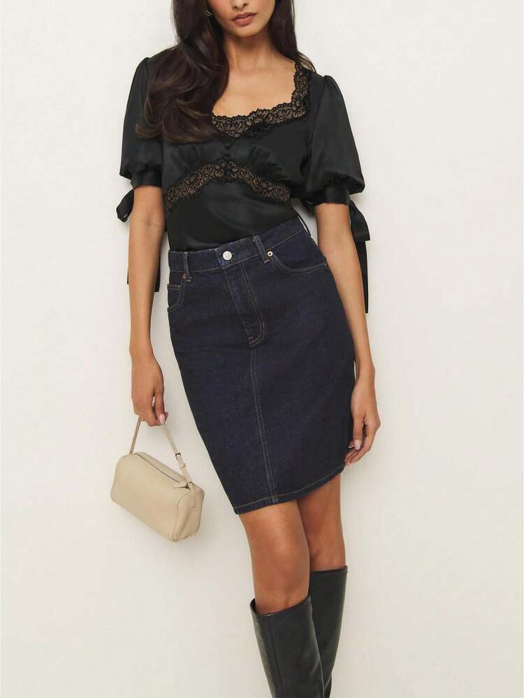 Womens Summer Satin Tops Lace Patchwork Short Puff Sleeves V-Neck Blouse With Adjustable Ribbon Ties - Black - View 1