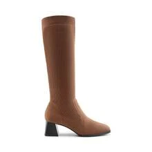 Women's Square Toe Chunky Heel  Knee High Boots Stretchy Fit Ribbed Upper Fashionable Tall Boots - 棕色 - 查看 5