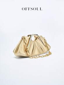 Vintage Asymmetrical Ruffle Cloud Clutch Bag, Unique Metal Hardware Handbag, High-End Retro Party Evening Bag - Gold - View 4