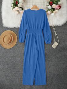 Women's Shirred Jumpsuit With Pockets - Blue - View 4