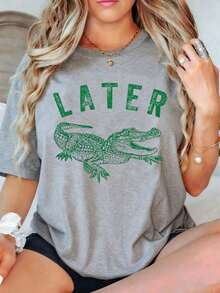 1Pcs,Grey Shirt,2026,100% Cotton Later Gator Shirt, 180g Alligator Funny Offensive Crocodile Shirt, Loose Type Shirt For Women, Casual And Simple Short Sleeve Women Tops, Summer Women For Top-Unisex Everyday T-Shirts,Cotton Lnisex T-Shirts,Vintage Summer Tops For Women,Summer Shirts,Going Out Tops,Summer Outfits For Women - Grey - View 5