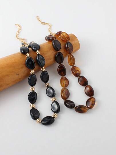 Boho Maillard Style Beaded Necklace For Women -Chunky Resin Oval Beads With Gold Tone Accents, Warm-Toned Statement Jewelry, Adjustable Choker Necklace