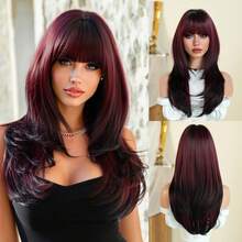 7JHH WIGS Glam 24-Inch Long Layered Wine Red Ombre Wig With Bangs For Women, Dark Roots Soft Heat-Resistant Fiber Full Machine Synthetic Straight Hair Wigs For Daily Party Cosplay Halloween Wear, Music Festivals Celebrations Use - 酒紅色 - 查看 12