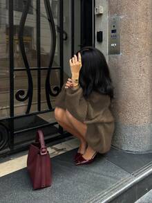 Áo len nữ dáng rộng cổ tròn, kiểu dáng tối giản, màu trơn, phong cách retro, hoàn hảo cho năm mới, Giáng sinh và Ngày Valentine. - màu nâu - Xem 10