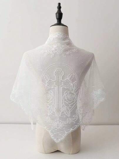 1 st broderad kyrkslöja med kors, bröllopssjal, svartvit spetskant, andningsbar triangulär halsduk