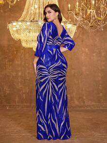 XUIBOL 大码V领长袖亮片高开衩鱼尾晚礼服，优雅显腿长，适合派对、婚礼宾客、正式场合、新娘礼服、生日派对、毕业典礼等。 - 寶藍色 - 查看 4