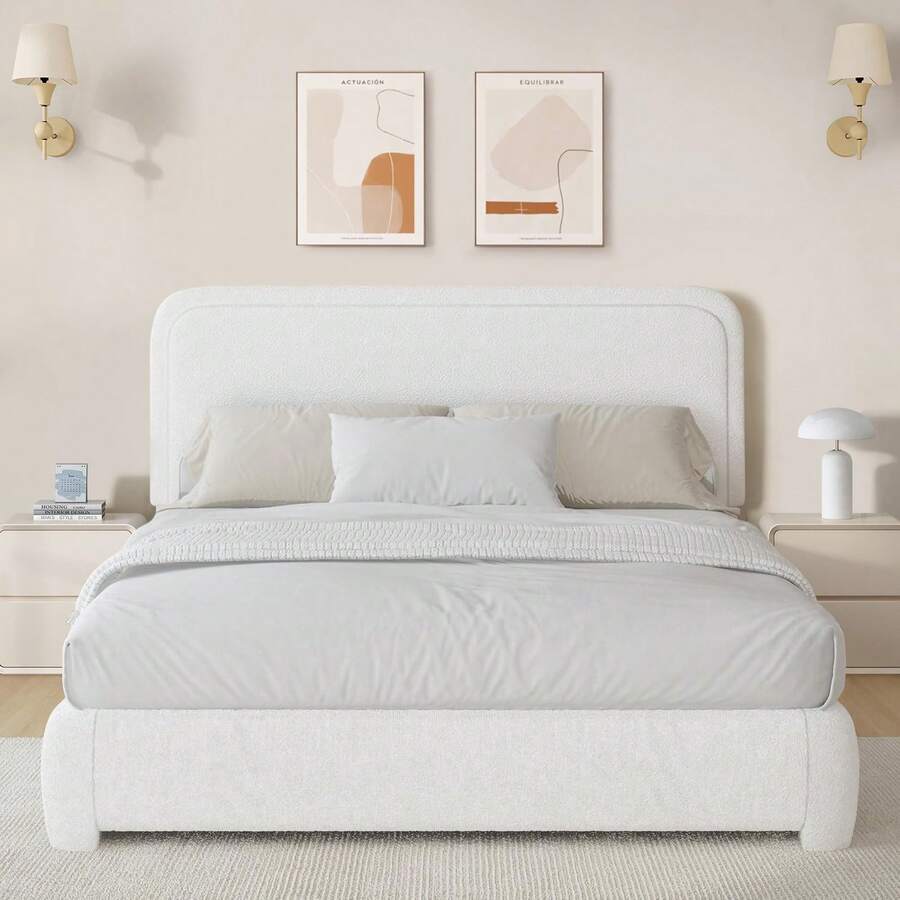Twin/ Full/ Queen/ King Size Bed Frame, Boucle Upholstered Platform Bed With Headboard, Modern Style, Soft Rounded Corners, No Box Spring Required, Easy Assembly, Twin/ Full/ Queen/ King/ California King, Beige/ Grey/ Pink/ White/ Light Grey/ Black/ Green - trắng - Xem 1