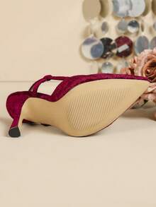 Women's Burgundy Velvet Crystal Shell Decor Pointed Toe Stiletto High Heels, European And American Style For Evening Party,Wedding Outfits - Burgundy - View 8