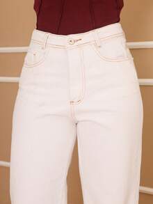 Women's Wide Leg Jeans, Marbled Pattern, Thick Premium Fabric, 100% Denim - Trắng Tắt - Xem 5