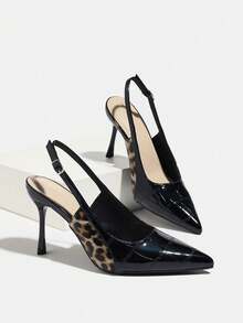 Women's High Heels For Autumn/Winter, Suitable For Night Parties, Outdoor, Fashion, Elegant Banquet. Pointed Toe, Electroplated, Shiny, Alluring Side Leopard Print Design, High-Quality Textured Material, Elegant Rear Strap, Comfortable, Formal Wear High Heels, Black - Black - View 5
