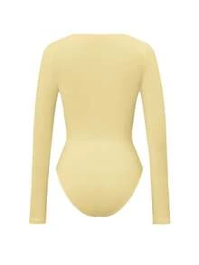 Vaiaye Women's Sexy Y2K Jumpsuit, V-Neck Long Sleeve Fitted Black Bodysuit, Suitable For Valentine's Day Wear, Spring/Summer - Yellow - View 4
