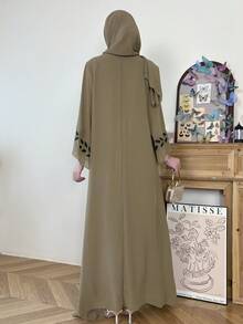 2pcs/Set Fashionable Feather Embroidered Abaya Robe, Casual For Party And Gathering, Elegant Long Robe With Headscarf - Brown - View 2