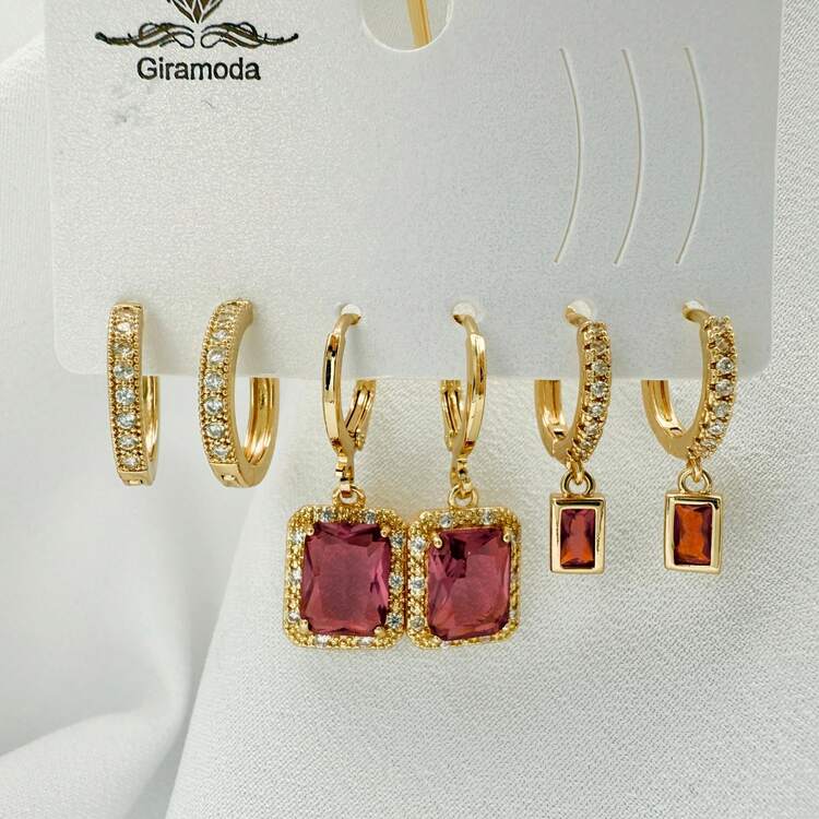Necklace With 3 Pairs Of Women's Earrings Plated In 18K Gold And 925 Silver With Heart Design, Hoop And Colorful Cubic Zirconia - Modern And Elegant Style - B126. - Añade 1