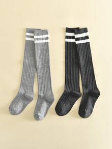 2 pares de calcetines sobre la rodilla a rayas para niños, calcetines largos suaves, cómodos y transpirables para uniformes de fútbol/deportes para adolescentes y niños pequeños - Multicolor - Ver 2