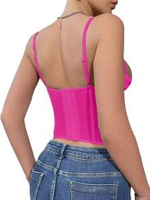 1件蕾丝胸衣紧身胸衣上衣，女士性感外出派对夜店上衣，带扣 - 玫紅色 - 查看 3