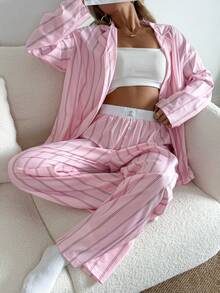 Nina Bonheur 两件套女士宽松舒适透气条纹长袖上衣和裤子睡衣套装，适合居家休闲、秋冬季穿着。 - 粉色 - 查看 8