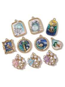 Set de 5 colgantes con diseño de medusa/cangrejo/estrella de mar, con estilo de pintura al óleo vintage con temática oceánica, combinando un estilo retro y de vacaciones, adecuado para hacer collares, pulseras, llaveros, encantos de bolso, accesorios de joyería para vacaciones en la playa