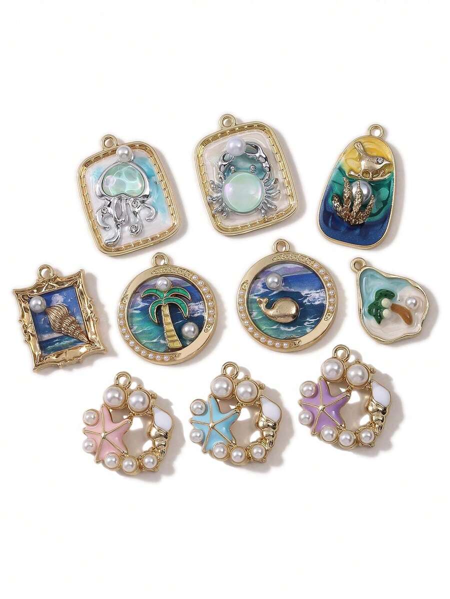 Set de 5 colgantes con diseño de medusa/cangrejo/estrella de mar, con estilo de pintura al óleo vintage con temática oceánica, combinando un estilo retro y de vacaciones, adecuado para hacer collares, pulseras, llaveros, encantos de bolso, accesorios de joyería para vacaciones en la playa