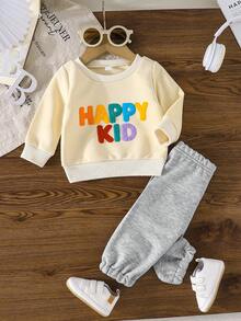 2件套男婴休闲可爱刺绣字母长袖运动衫和纯色运动裤套装 - 淺灰色 - 查看 2