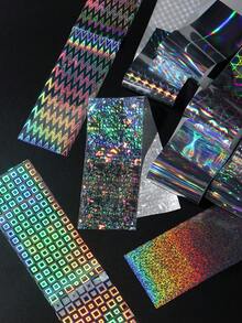 FULL BEAUTY 10片全息银色美甲贴纸，彩虹几何极光激光美甲装饰膜