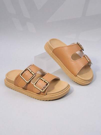1 Pair Of Girls' Sandals, Metal Buckle Decoration, Imitation Lychee Pattern PU Material, Comfortable And Easy To Walk, Exposed Toe Low Cut, Adjustable Strap (Slipper Design), Flat Heel Style, Retro Workwear Style Slippers, Suitable For Summer Home And Outdoor Play
