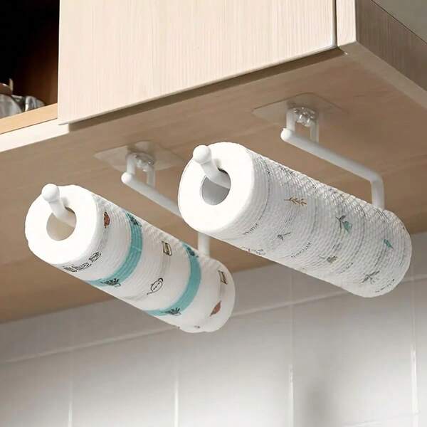 1pc No-Drill Kitchen Paper Towel Holder, Toilet Paper Holder, Paper Roll Holder Hook, Plastic Film Storage Rack, Cloth Storage Rack, Wall-Mounted Towel Bar, Kitchen And Bathroom Accessories - Available In Two Colors