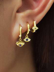 3pcs Set Exquisite New Gold Evil Eye Single Earring, 18K Gold Plated Stainless Steel Material, Small Punk Style Earring, Piercing Jewelry - 3pcs for One Ear - View 2