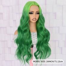 13x4 Green Highlights Curly Lace Front Wigs For Women Body Wavy Long Hair Ombre Green Wig Pre-Plucked Wear And Go 28 Inch Glueless Synthetic Lace Front Wigs For Halloween Daily Party Wig - 綠色 - 查看 6