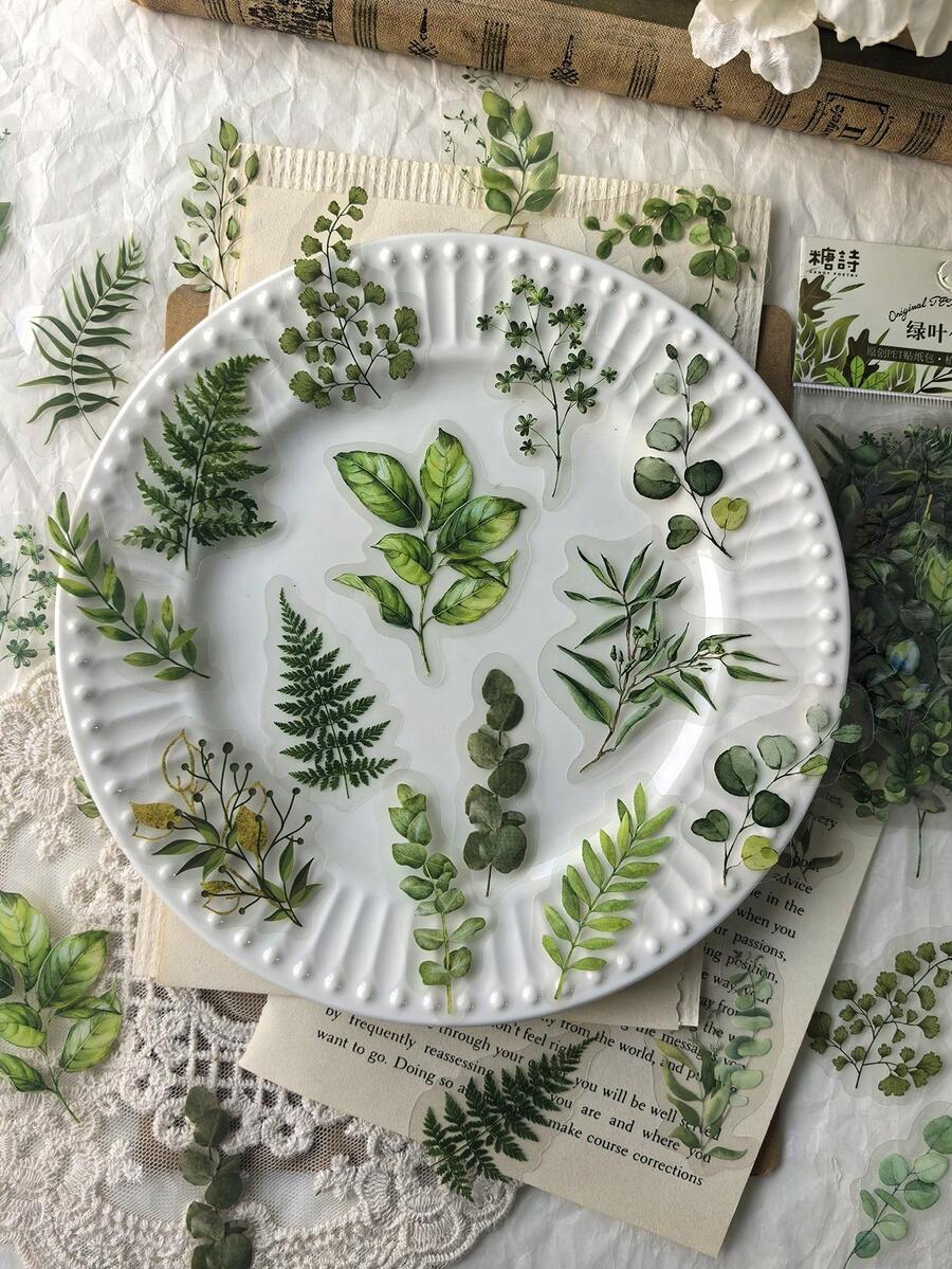 40pcs/Pack Green Plant & Leaf Stickers For Scrapbooking, DIY Crafts