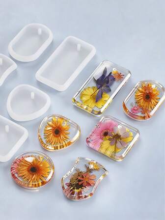 12Pcs Keychain Pendant Silicone Mold Set Crystal Epoxy Resin Mold Round Rectangle Pendants Jewelry Making Casting Mould