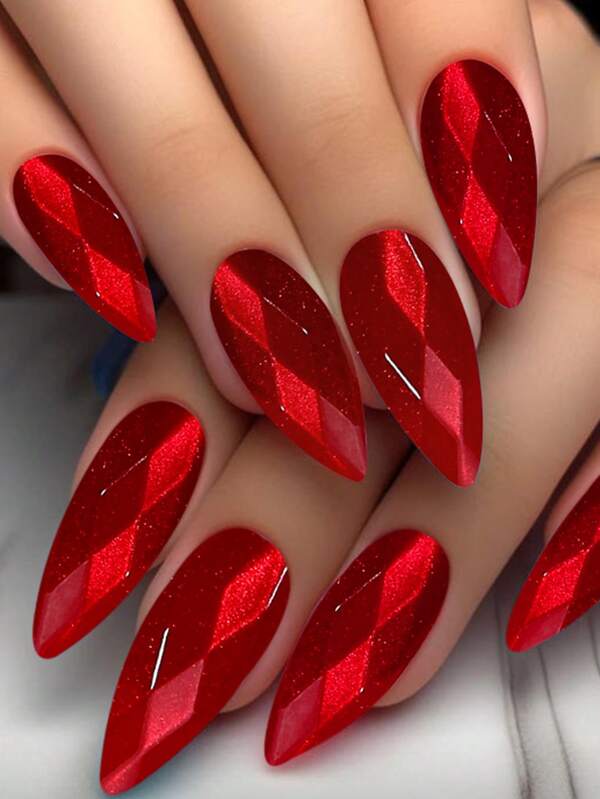 Adesivos de unhas de comprimento médio em formato amendoado com padrões, design de diamante 3D, unhas postiças vermelhas brilhantes estilo olho de gato, unhas adesivas acrílicas coloridas para mulheres, conjunto com 24 peças